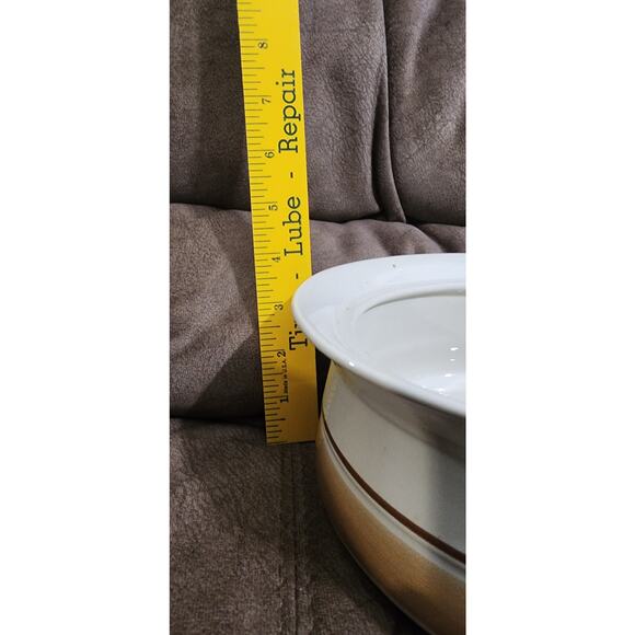 Vintage 1980s Hearthside Serving Bowl, Ceramic Stoneware Tan and Brown bands - Picture 5 of 6